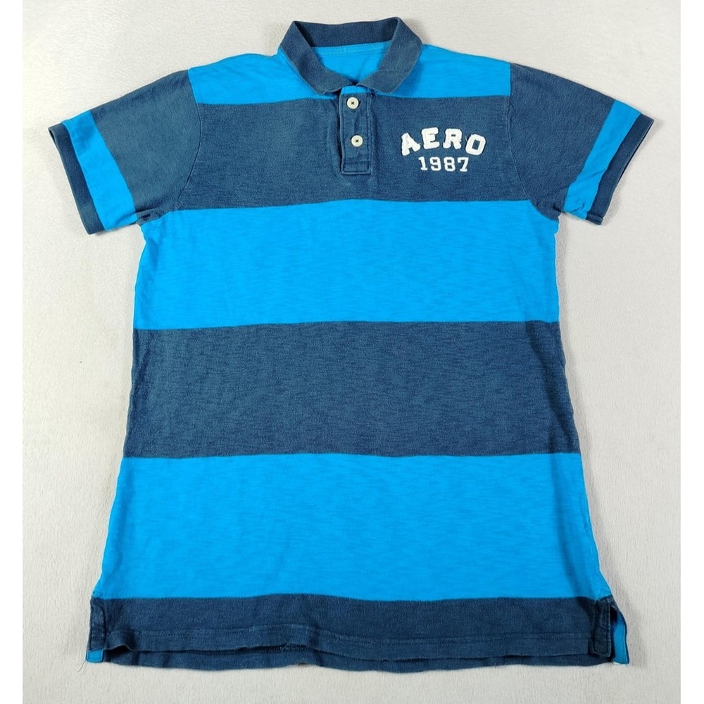 Aeropostale Polo Shirt Mens Medium Blue Stripe AERO 1987 Logo Preppy Distressed